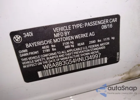 2017 BMW 340I z USA, uszkodzony, nr VIN WBA8B3G54HNU34997